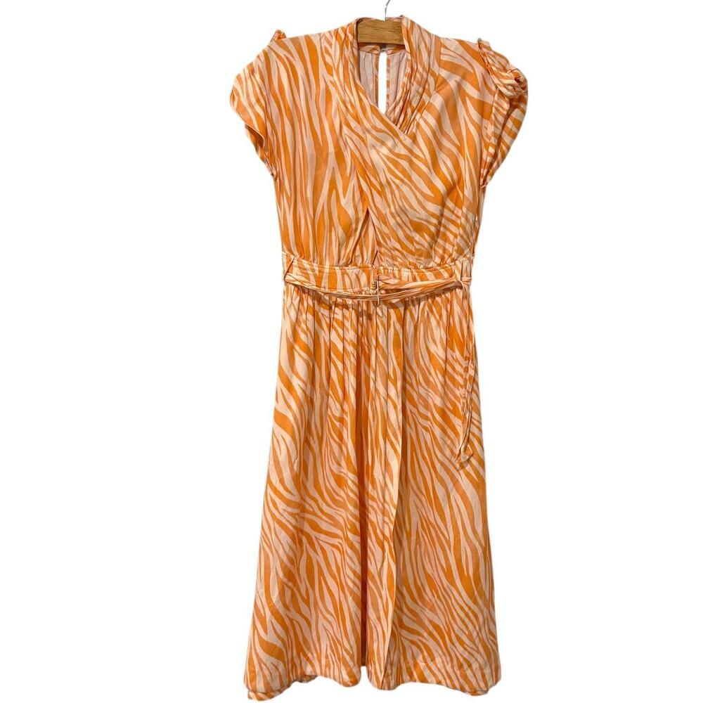 Derek Lam Collective | Maxi Dress Linen Blend Zebra Orange Short Sleeve 12 XL 48